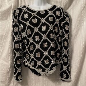 Vintage Laurence Kazar Black with silver sequin & pearls long sleeve top XL